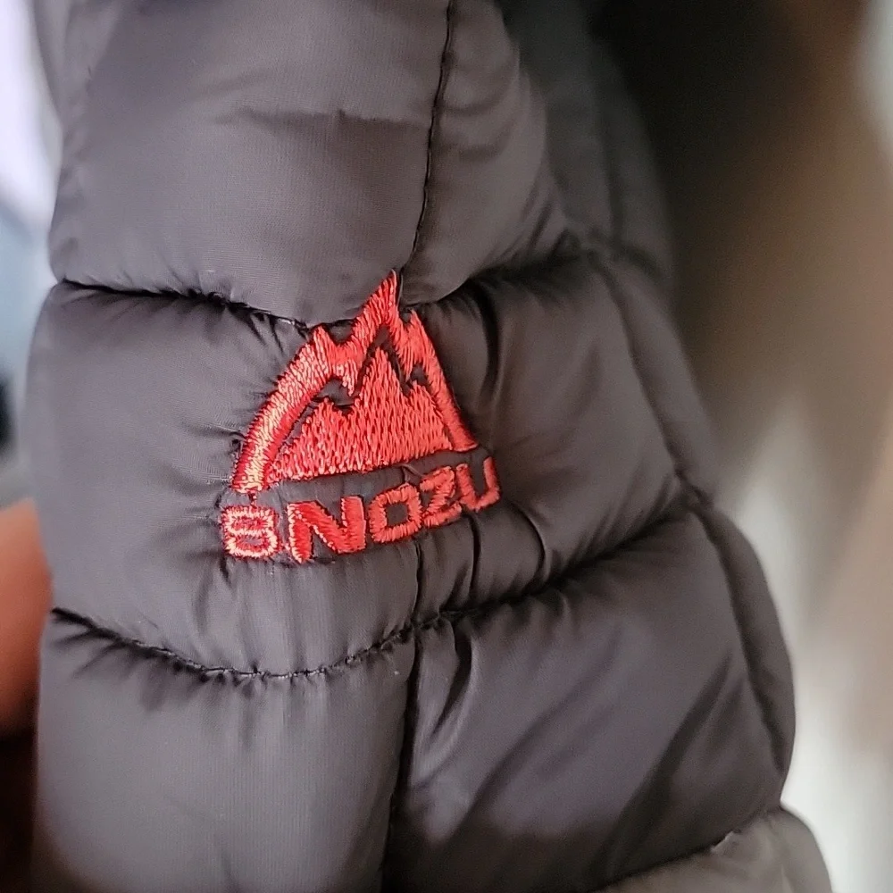 Snozu infant snowsuit, 3-6 months. Different shades of gray with orange lining.